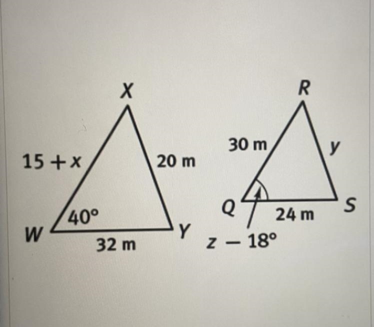 The two triangles are similar. Determine the values of x, y, and z.-example-1