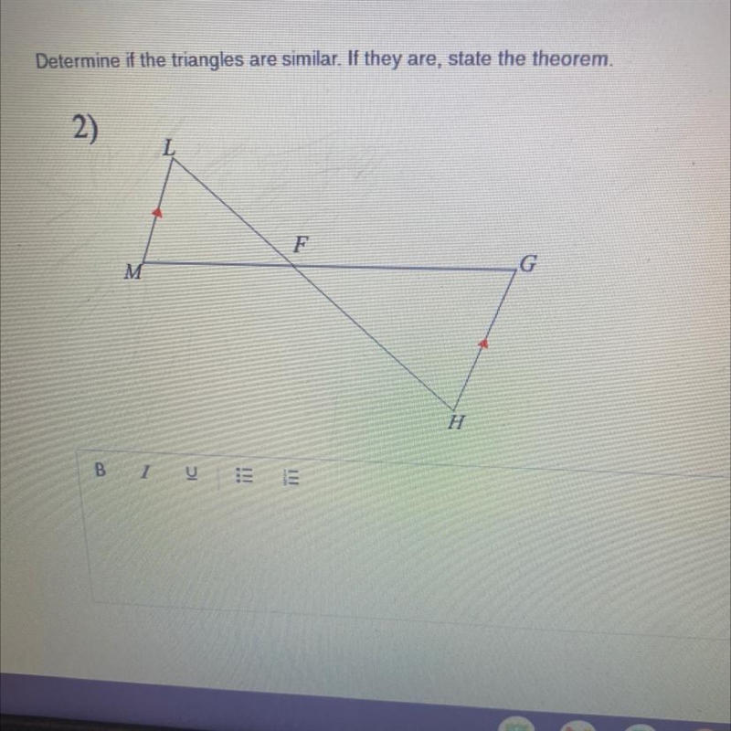 Determine if the triangles are similar. If they are, state the theorem.-example-1