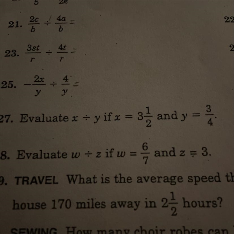 Evaluate w divided by z if w= 6/7 and z= 3-example-1