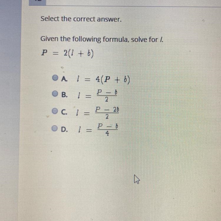 Given the following formula, solve for l.-example-1