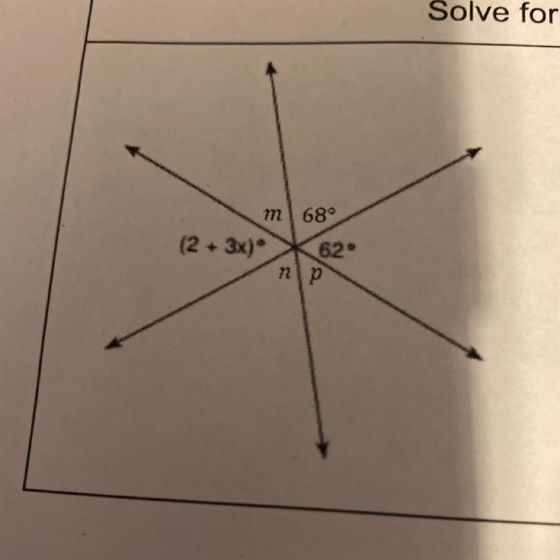 Solve for x and find the value of the unknown angle measures. 1. x= 2. m= 3. n= 4. p-example-1