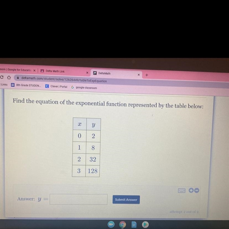 Find the equation of the exponential function represented by the table below:-example-1