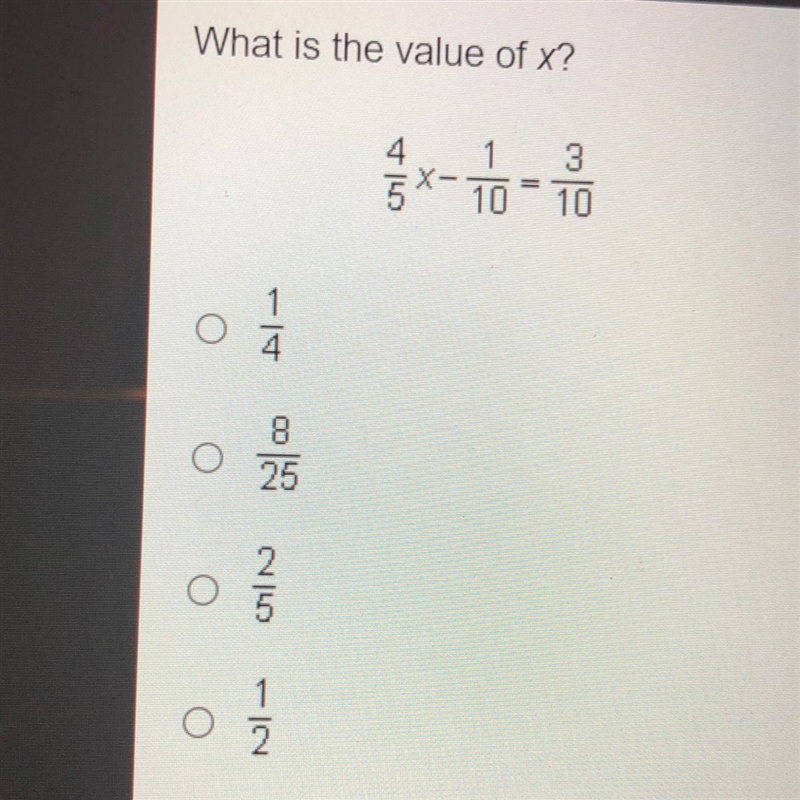 What is the value of x? 4/5x-1/10=3/19-example-1