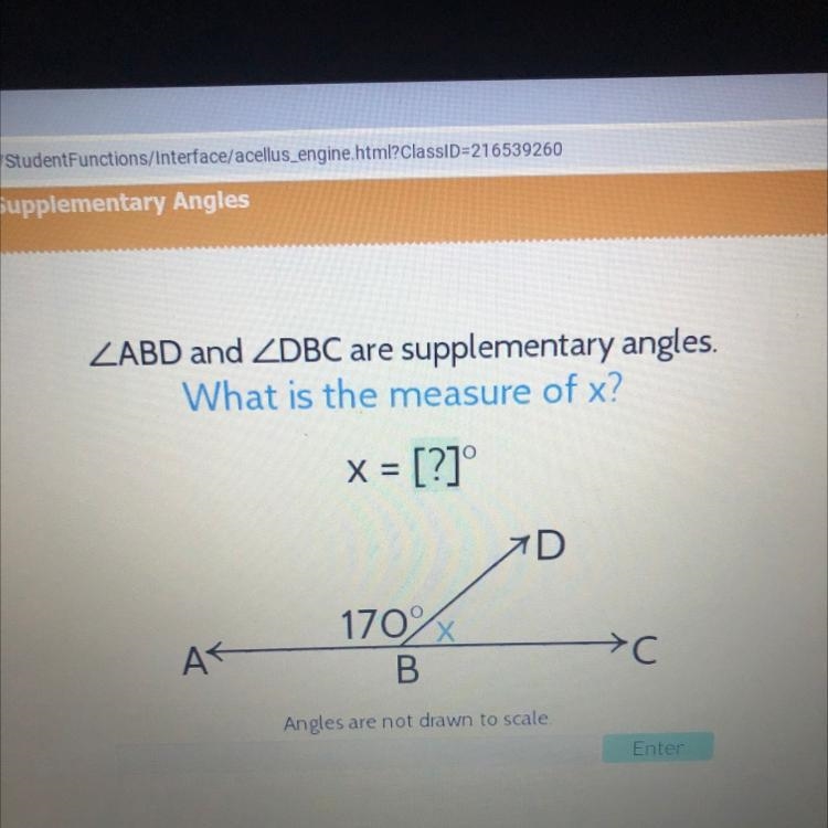 ZABD and ZDBC are supplementary angles. What is the measure of x? X = [?]° AK 170% B-example-1