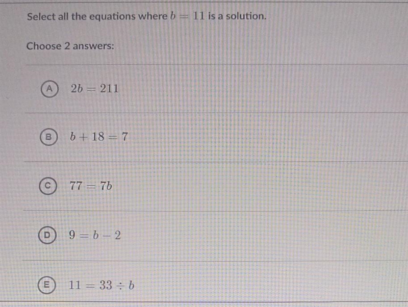 Select all the equations where b = 11 is a solution. I need the answer quickly please-example-1