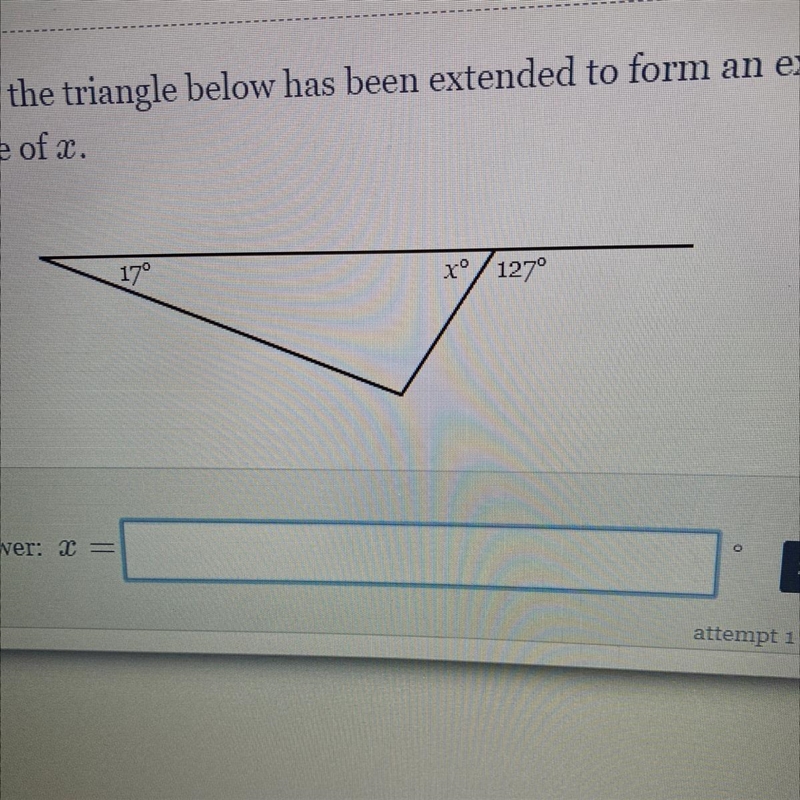 A side of the triangle below has been extended to form an exterior angle of 127°. Find-example-1