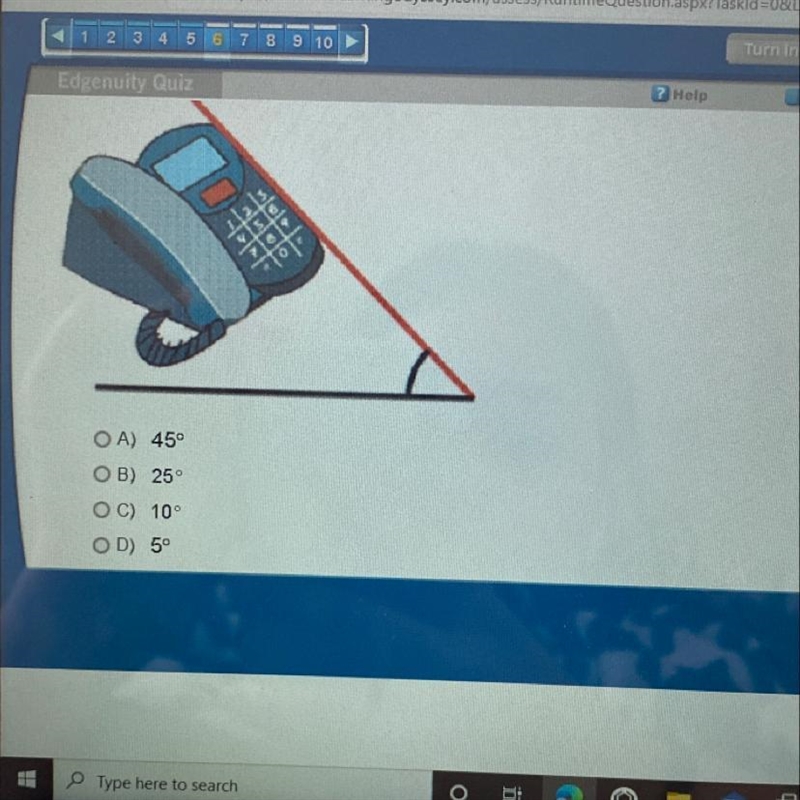 The phone is sitting on the desk. What is the angle that is created by the base of-example-1