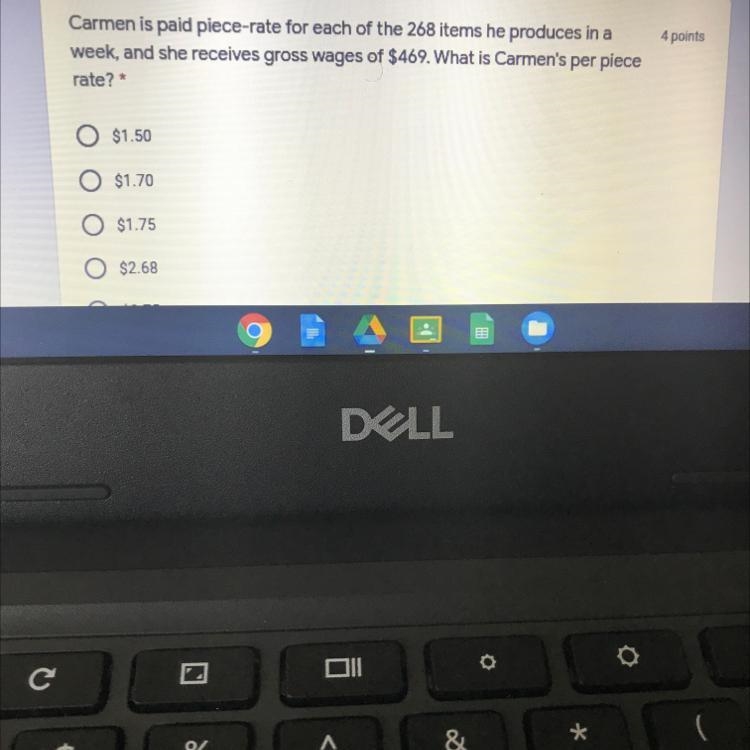 4 points Carmen is paid piece-rate for each of the 268 items he produces in a week-example-1