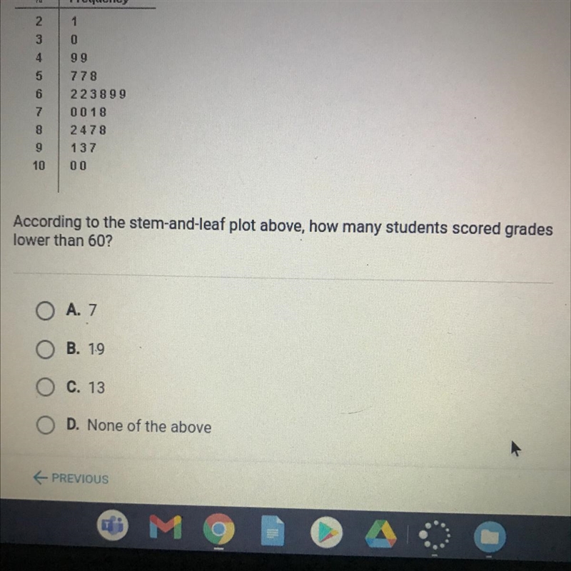 According to the stem and leaf plot above, how many students scored grades lower than-example-1