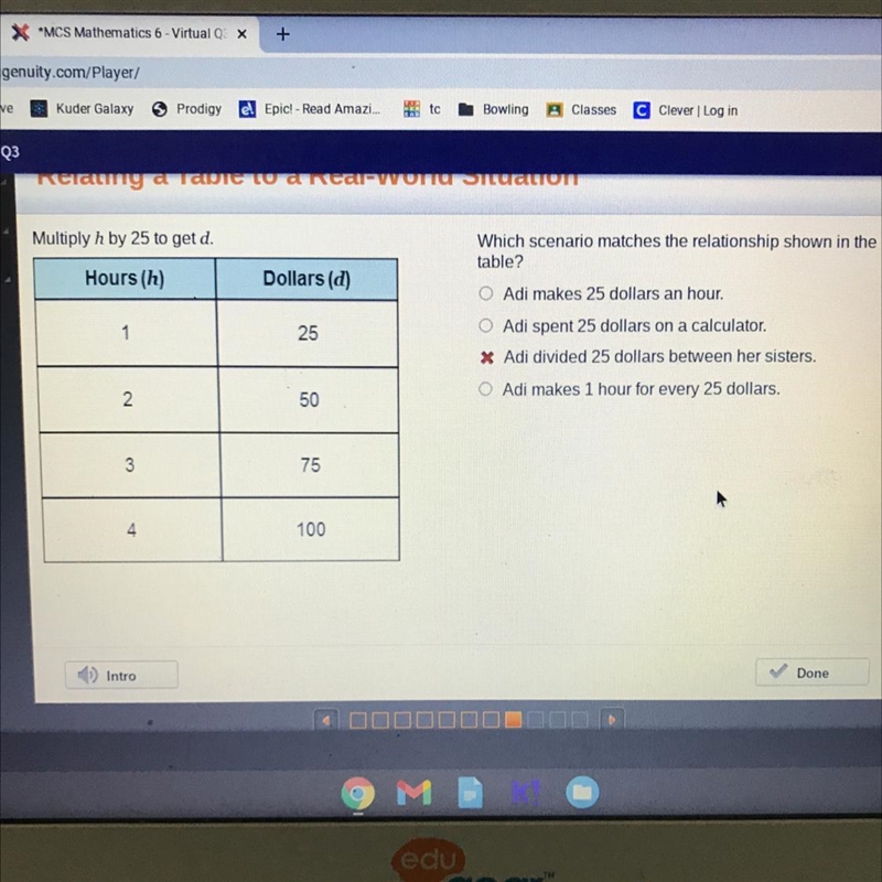 Multiply H by 25 to get d Which scenario matches the relationship shown in the table-example-1