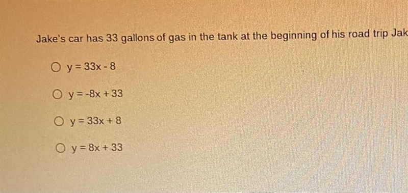 Jake’s car has 33 gallons of gas on the tank at the beginning of his road trip Jake-example-1