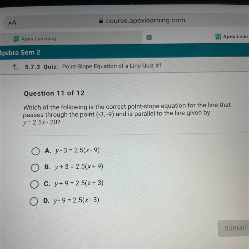 Which of the following is the correct point-slope equation for the line that passes-example-1