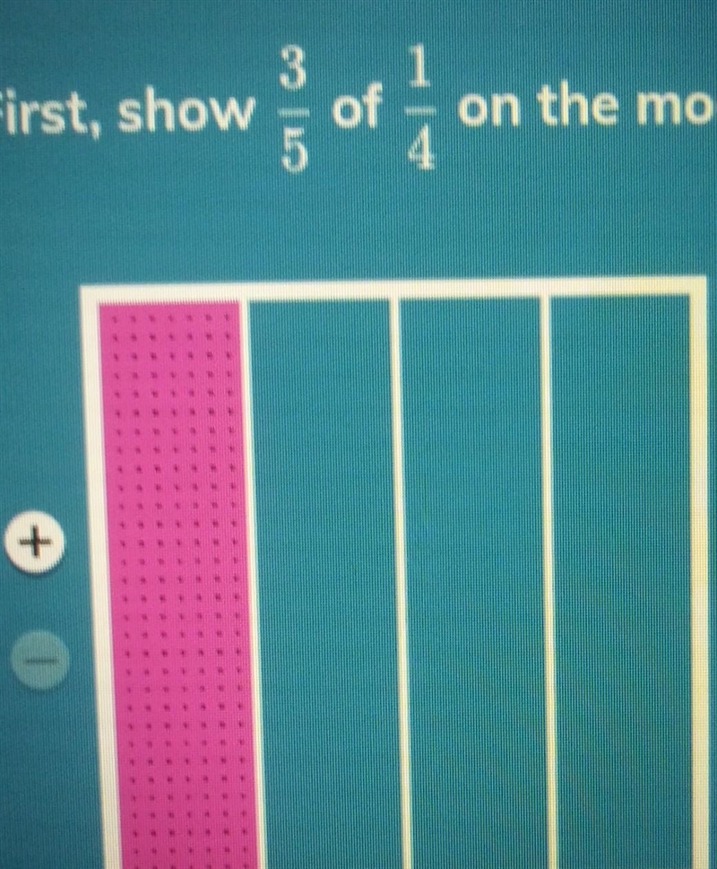 It says First,show 3/5 of 1/4 on the model. I don't know how pls help me.​-example-1