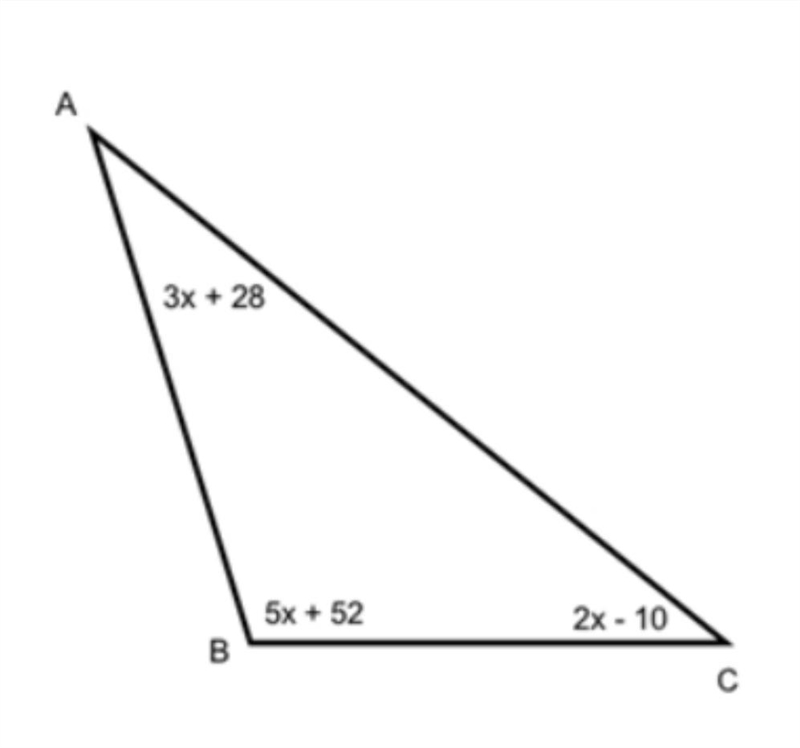 Triangle ABC has angle measures as shown. A) what is the value of x? show your work-example-1