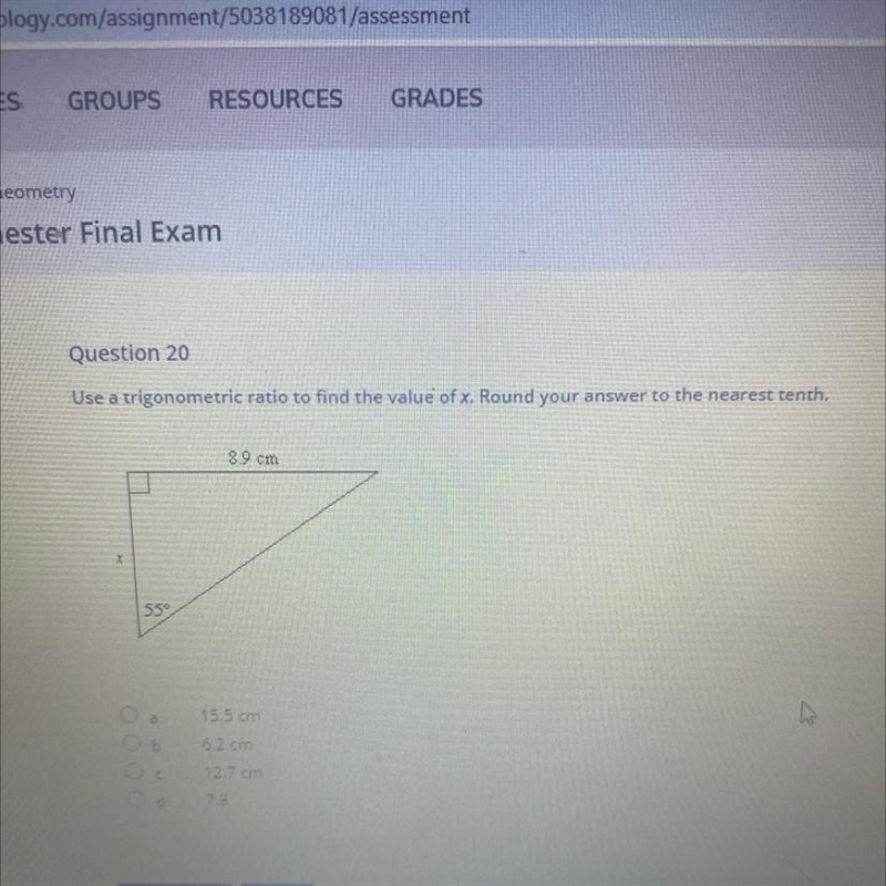 Use a trigonometric ratio to find the value of x. Round your answer to the nearest-example-1