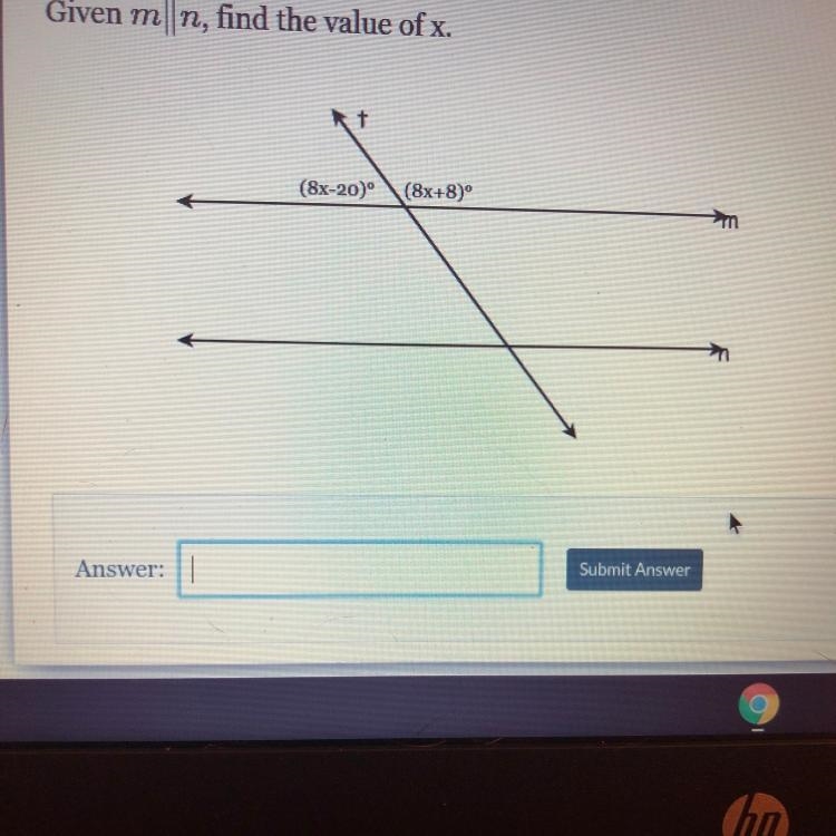 Given m|n, find the value of x. (8x-20) (8x+8)-example-1