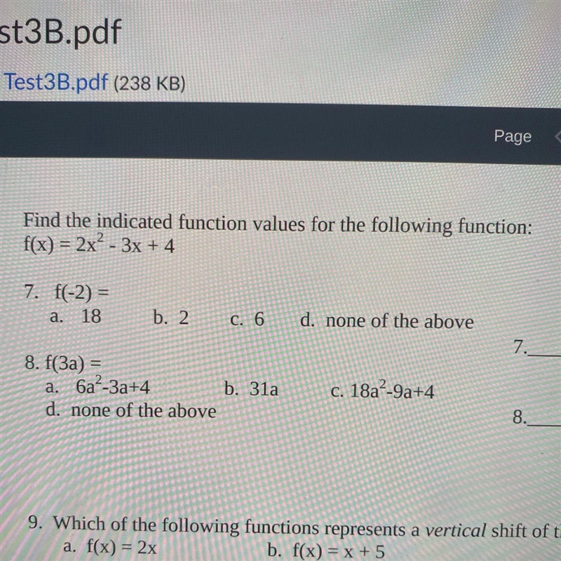 Find the indicated function values for the following function: f(x) = 2x² - 3x + 4 7. f-example-1