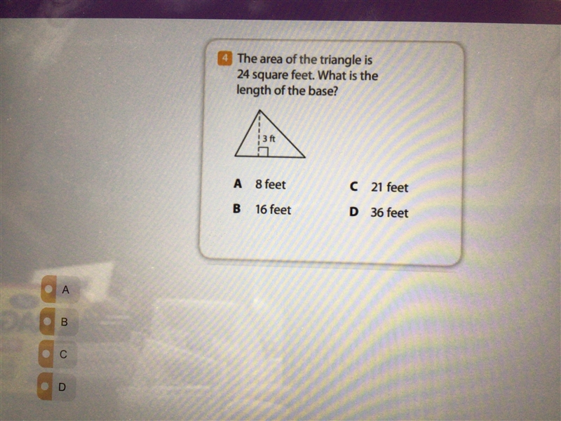 I need help the area of the triangle is 24 square feet. Hat is the lengths of the-example-1