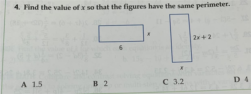 Find the value of x so that the figures have the same perimeter.-example-1