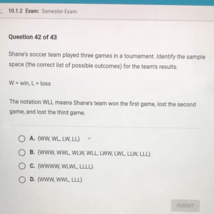 Shane's soccer team played three games in a tournament. Identify the sample space-example-1