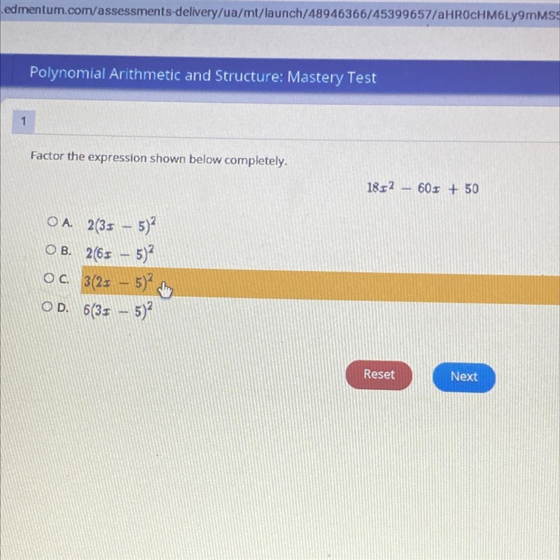 Factor the expression shown below completely. 18.12 603 + 50 OA. 2(31 – 5)2 OB. 2(6.1 – 5)2 OC-example-1