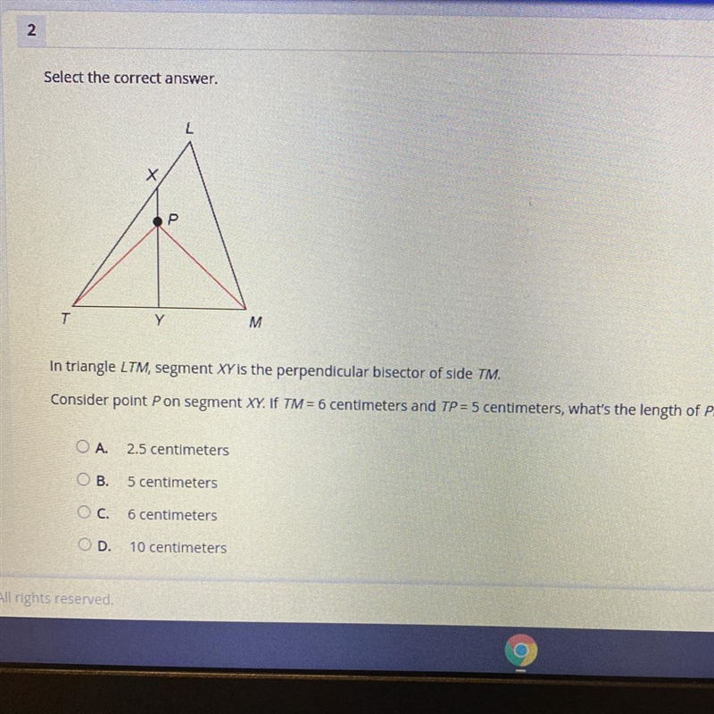 In triangle LTM, segment XY is the perpendicular bisector of side TM. Consider point-example-1