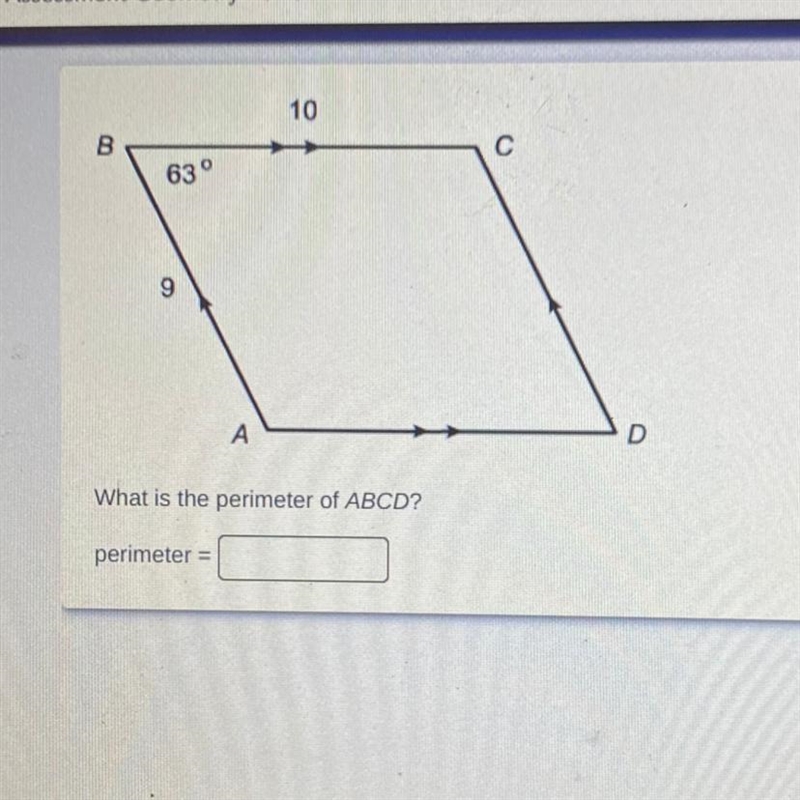 10 B с 63° 9 A D What is the perimeter of ABCD? perimeter =-example-1