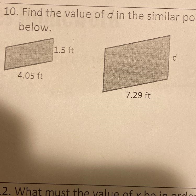 10. Find the value of d in the similar polygons below.-example-1