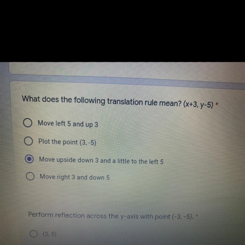 What does the following translation rule mean? (x+3, y-5) * O Move left 5 and up 3 Plot-example-1