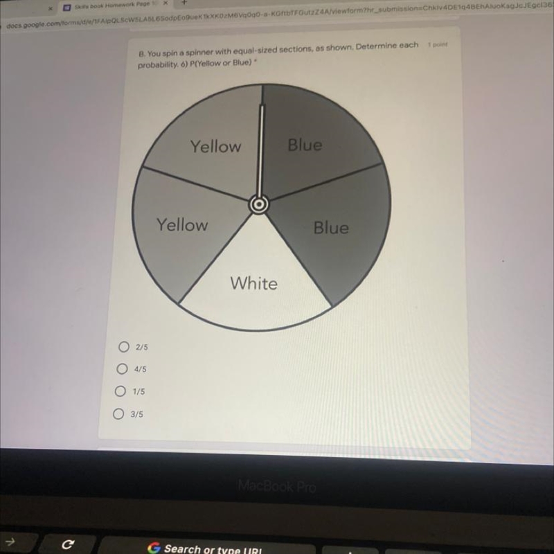 B. You spin a spinner with equal-sized sections, as shown. Determine each probability-example-1