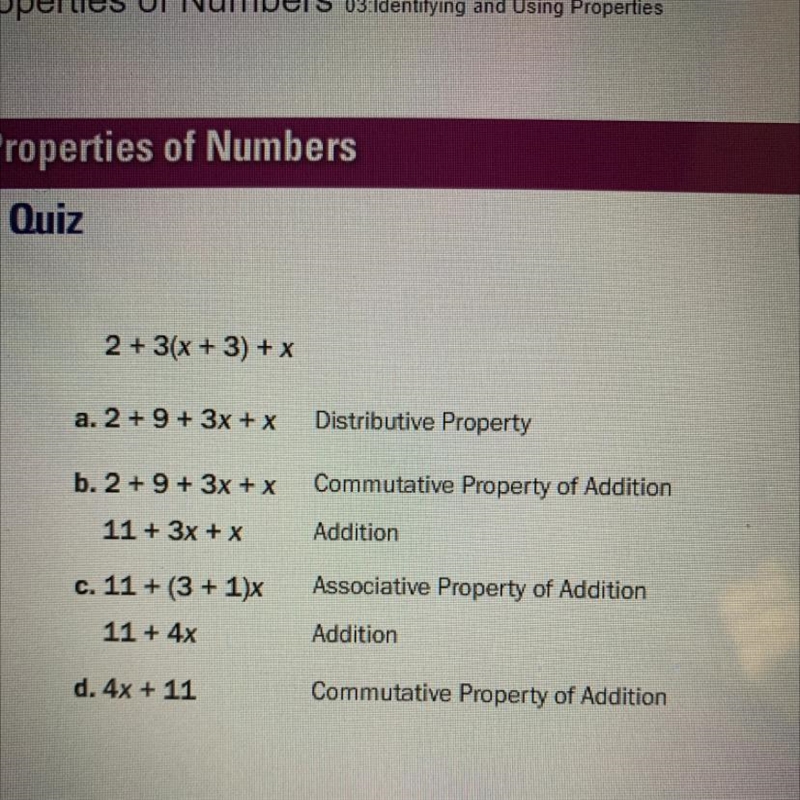 PLEASE HELP!!!!!!!! The expression: 2 + 3 (x + 3) + x is simplified correctly in the-example-1