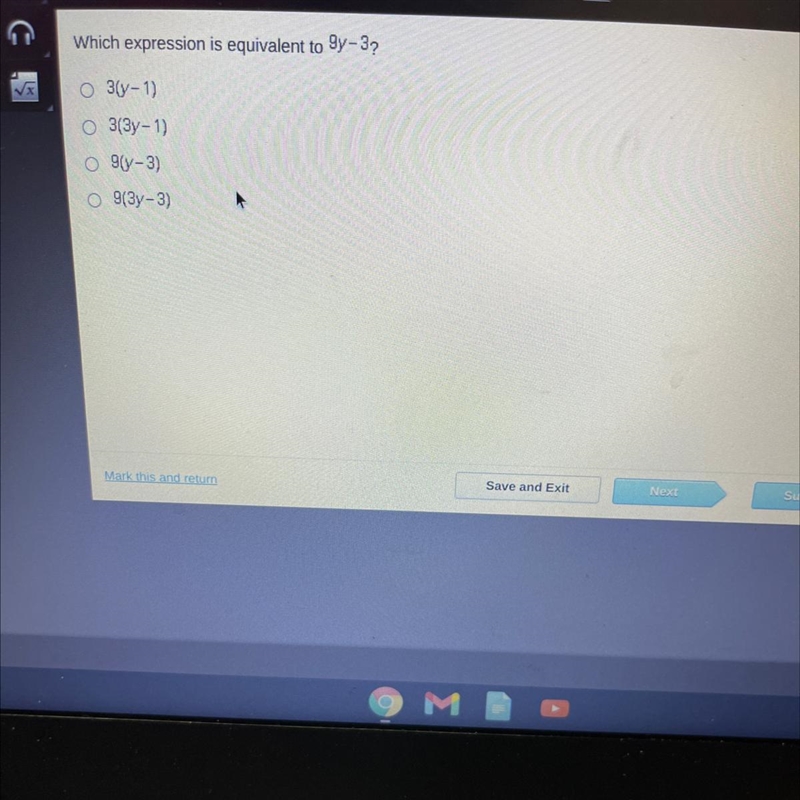 Which expression is equivalent to Oy-3? O 3ty-1) O 3(3-1) O 9(y-3) O 9(3y-3)-example-1