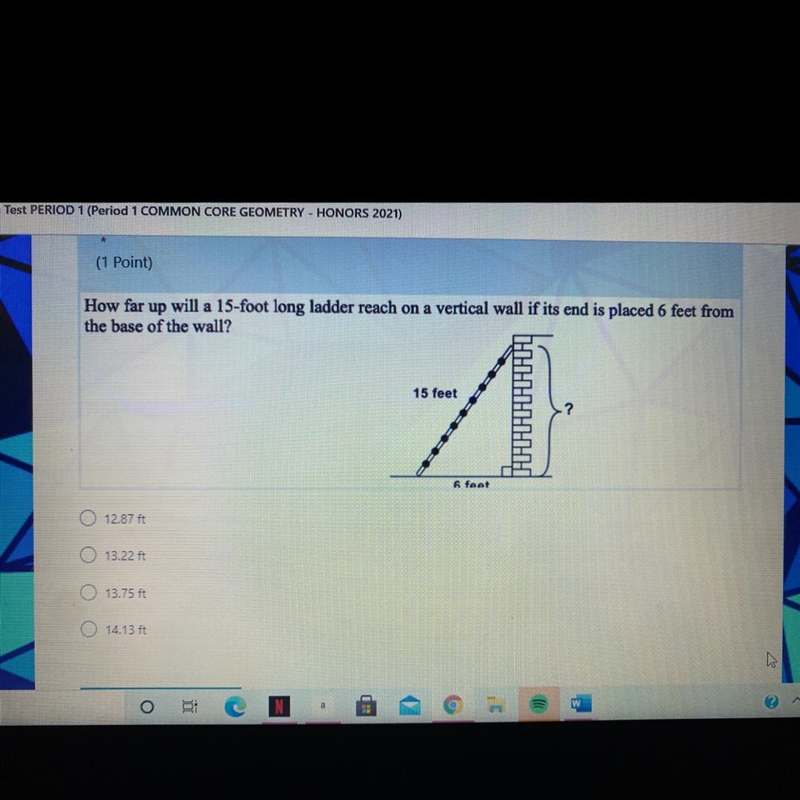 How far up will a 15-foot long ladder reach on a vertical wall if its end is placed-example-1