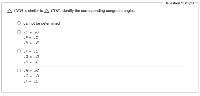 △GFH is similar to △CDE. Identify the corresponding congruent angles.-example-1