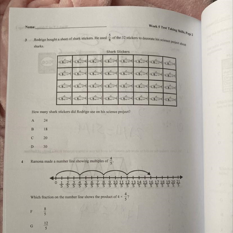 Week 5 Test Taking skills, Page 2 Name 3 Rodrigo bought a sheet of shark stickers-example-1