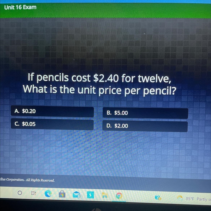 If pencils cost $2.40 for twelve, What is the unit price per pencil?-example-1