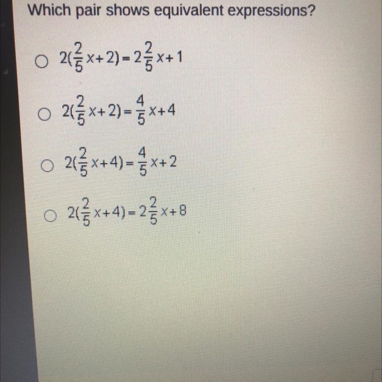 Which pair shows equivalent expressions? O 24x+2)-2x+1 O 2(3x+2)= x+4 o 21&x+4)= 4x-example-1