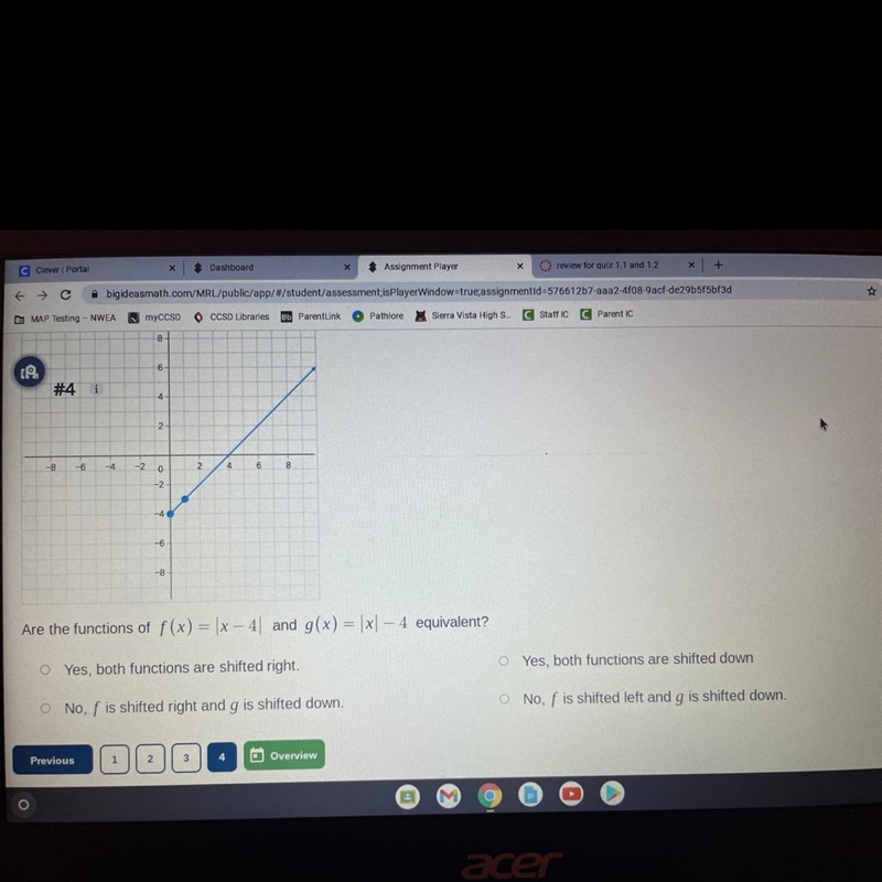 Are the functions of f(x) = |x - 4|and g(x) = |x| - 4 equivalent?-example-1