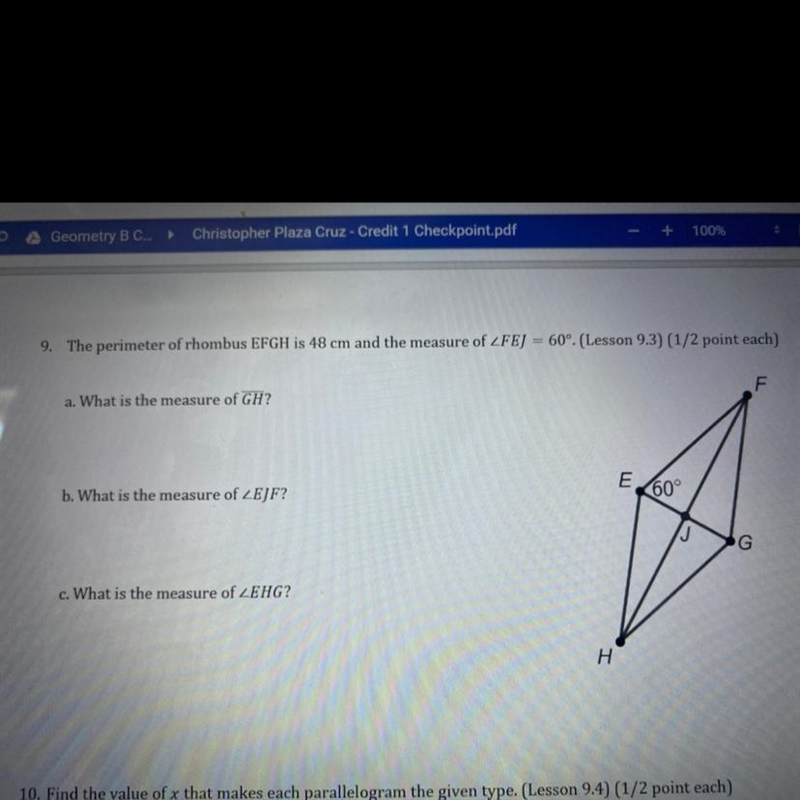 The perimeter of rhombus EFGH is 48 cm and the measure of ZFE) = 60-example-1