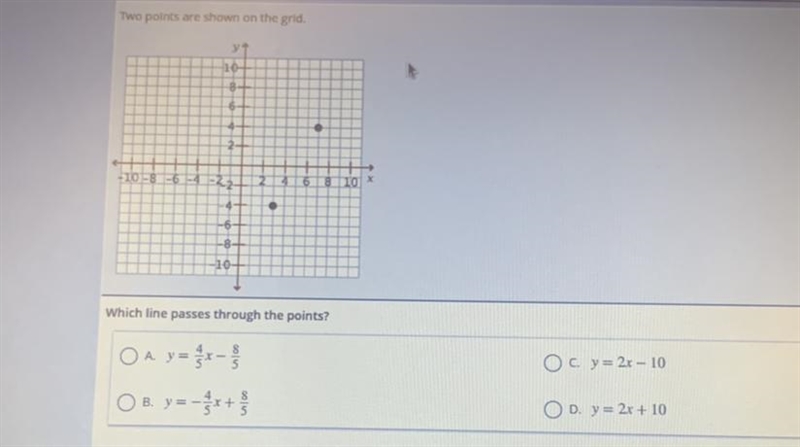 Two points are shown on the grid. Which line passes through the points?-example-1