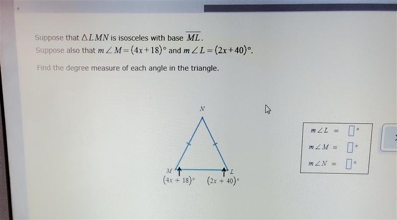 Find the degree measure of each angle in the triangle.-example-1