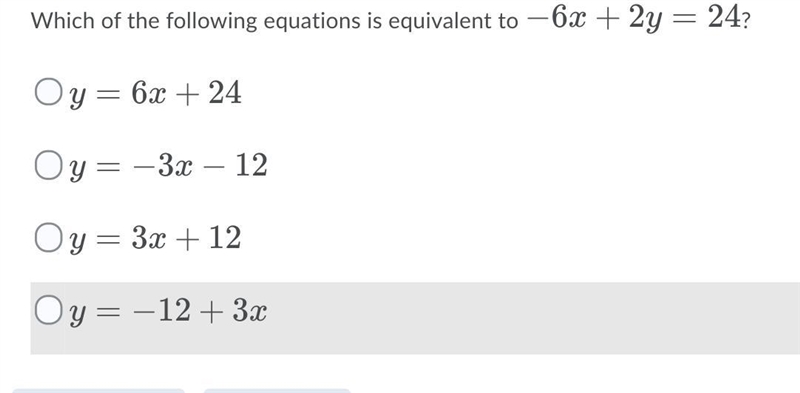 Which of the following equations is equivalent to −6x+2y=24?-example-1