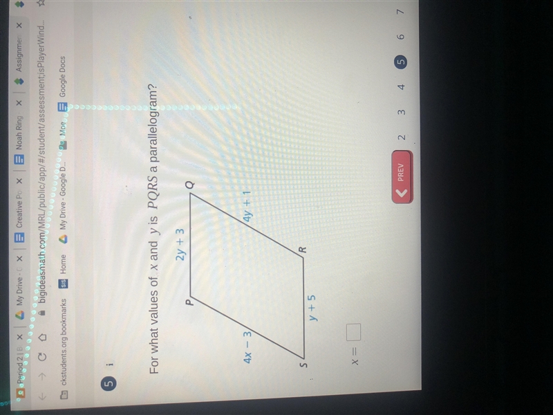 For what values of x and y is PQRS a parallelogram?-example-1