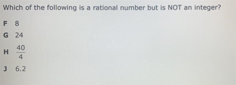 Which of the following is a rational number but is NOT an integer? F. 8 G. 24 H. 40/4 J-example-1