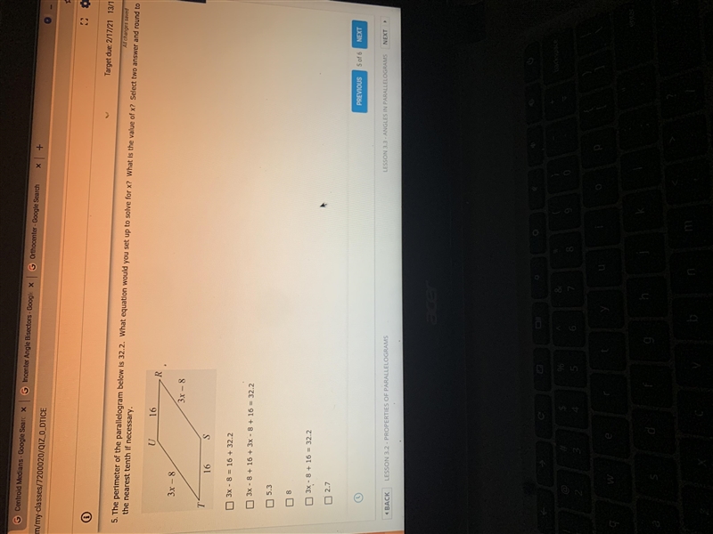 The perimeter of the parallelogram below is 32.2. What equation would you set up to-example-1