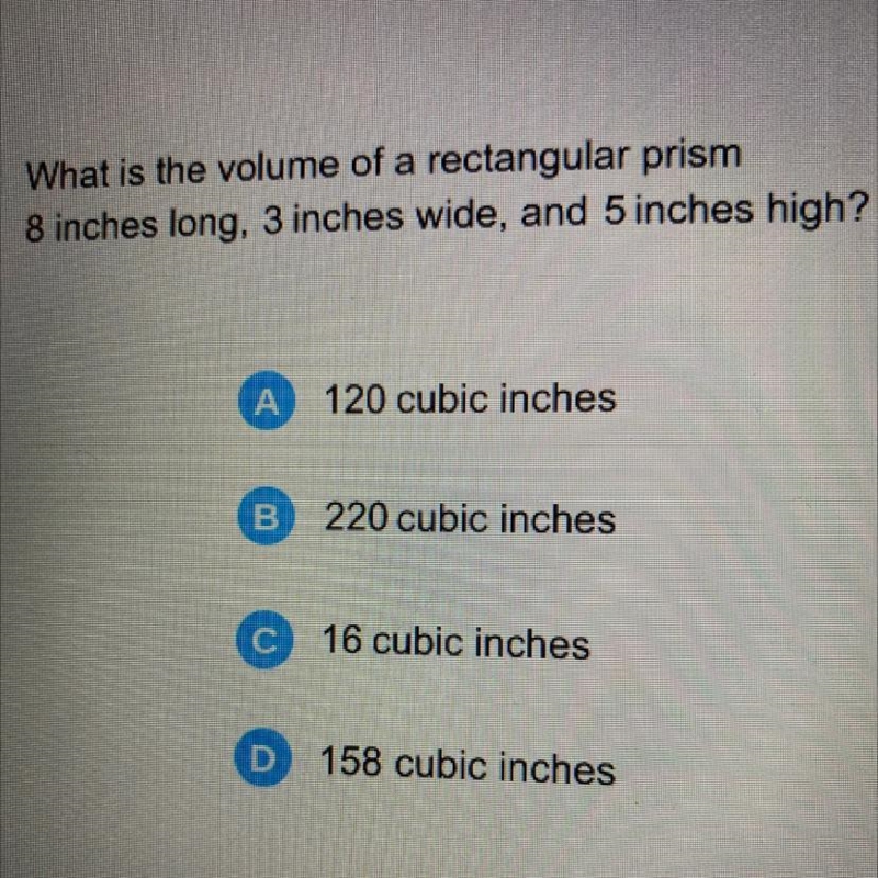 What is the volume of a rectangular prism 8 inches long, 3 inches wide, and 5 inches-example-1