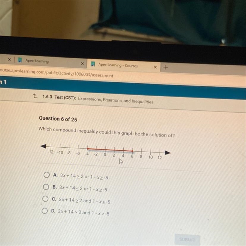 Which compound inequality could this graph be the solution-example-1