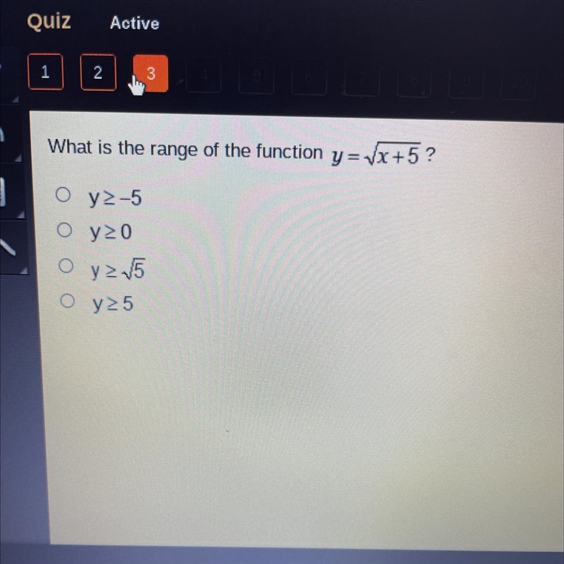 What is the range of the function y=Vx+5?-example-1