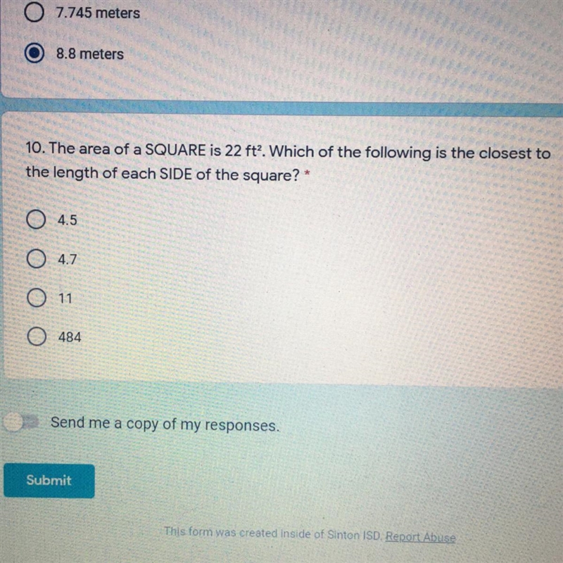 The area of a SQUARE is 22 ft2. Which of the following is the closest to the length-example-1