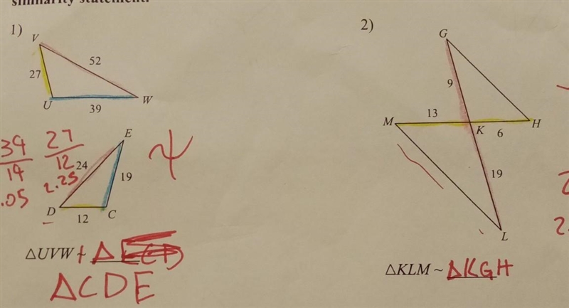 Part 3. Use side to determine if the triangles in each pair are similar. If so, complete-example-1